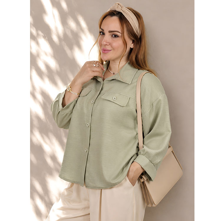 شومیز زنانه باکسی دو جیب سبز ملایم