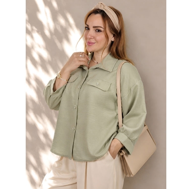 شومیز زنانه باکسی دو جیب سبز ملایم