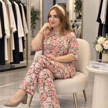  تیشرت و شلوار نخی زنانه گلبهی