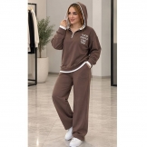 ست هودی اسلش نیم زیپ قهوه‌ای