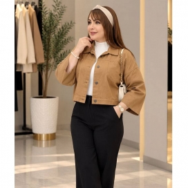 کراپ کت زنانه دو جیب قهوه ای روشن
